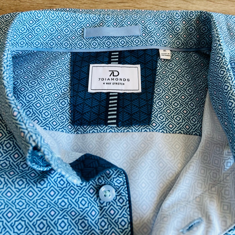 7 DIAMONDS Blue Geometric Pattern Button Down Dress Shirt XL